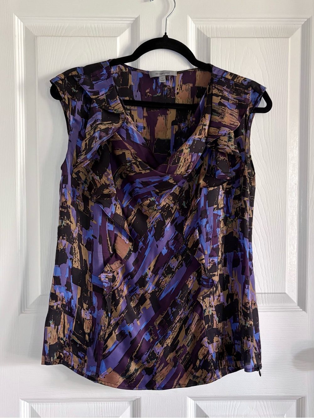 Classiques Entier 100% Silk Tank Blouse Ruffle Abstract Blue Purple XS